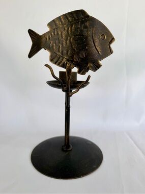Vintage Bronze Colored Metal Fish Taper Candle Holder EUC